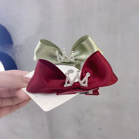 Fairy Style Satin Bow Hair Clip With 3D Rhinestone Crown For Girls Handmade Princess Hair Accessories Headwear