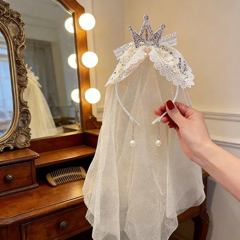 Süße Prinzessin Spitze Schleife Schleier Stirnband Für Mädchen Geburtstag Party Strass Krone Kopfschmuck Kinder Haarschmuck Stirnband