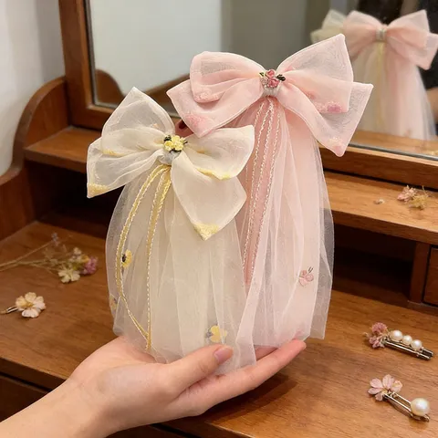 Kids Tulle Large Bow Hair Clip Princess Hair Accessories With Floral Embroidery And Long Ribbons Birthday Party Girl Veil