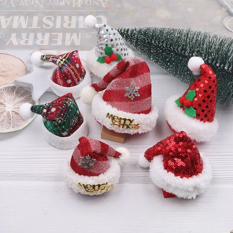 Cute 3D Mini Christmas Santa Hat DIY Hair Accessories Decoration Material Fabric Sequin Plaid Striped Festive Ornament Crafts Half Finished Base Without Clip For Kids Girl Party Supplies