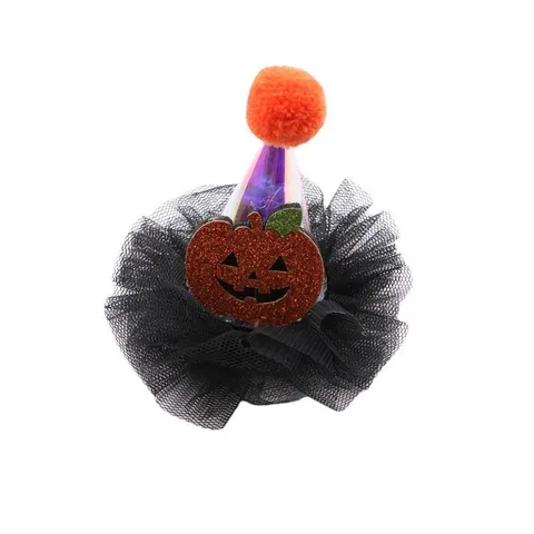 Halloween Light-up Hair Clip For Kids Funny Pumpkin Bat Skull Party Hat Hairpin Mesh Pompom Headwear Performance Props