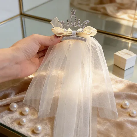 Cute Girls Princess Veil Hair Clip Rhinestone Crown Long Mesh Tulle Hairpin Kids Photo Props Wedding Party Hair Accessories
