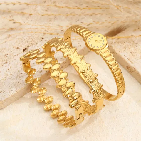Bracciale Rigido in Acciaio Inossidabile Placcato Oro 18K per Donna Texture Geometrica a Serpente Gioielli di Moda Regalo