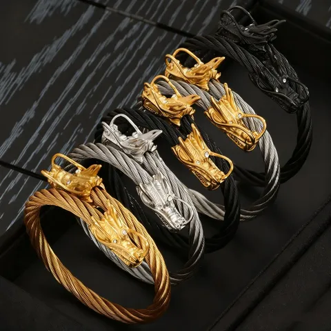 Bracciale Rigido da Uomo in Acciaio Inossidabile con Cavo Intrecciato e Drago a Due Teste Placcato Oro 18K Sottovuoto Gioielli da Mano