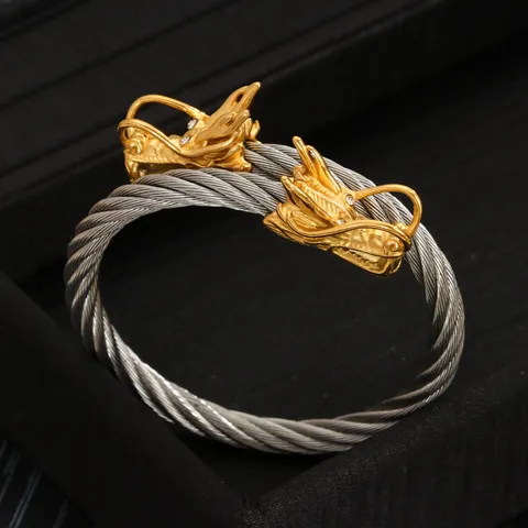 Bracciale Rigido da Uomo in Acciaio Inossidabile con Cavo Intrecciato e Drago a Due Teste Placcato Oro 18K Sottovuoto Gioielli da Mano