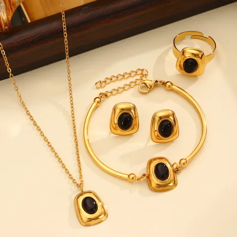 Acciaio Inoxydable Collier Bracelet Boucles d Oreilles Bague Bijoux Opale Ovale Strass Pendentif Géométrique Électroplaqué Femmes