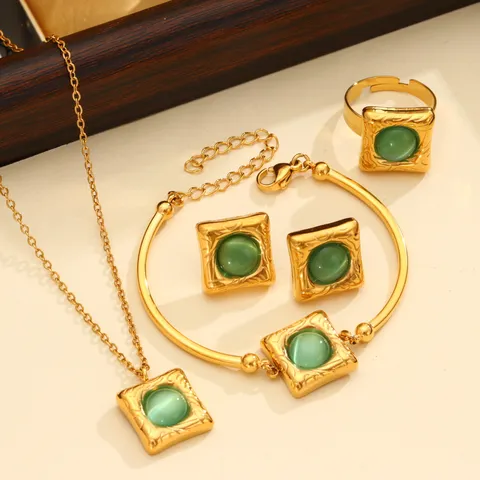 Retro Roestvrij Staal Goud Sieradenset Voor Dames Heren Geometrische Vierkante Hanger Ketting Armband Oorbellen Ring Kattenoogsteen Vierdelige Sieradenset