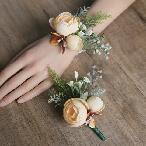 Dassos Vintage Champagne Camellia Boutonniere Corsage Karpoú Gamou Groom Brooch Bride Lace Wristband Artificial Flower Set