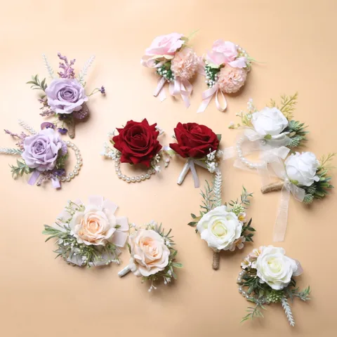 Europese Stijl Bruiloft Boutonnière Polscorsage Kunstmatige Roos Zijden Bloem Lint Parel Bruid Gom Feest Decor