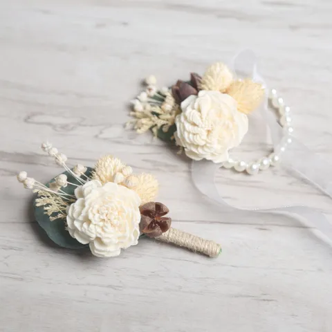 Boutonnière et Corsage de Poignet en Fleurs Séchées Fait Main Fausse Fleur en Soie Mariage Fête Marié Invité Décor