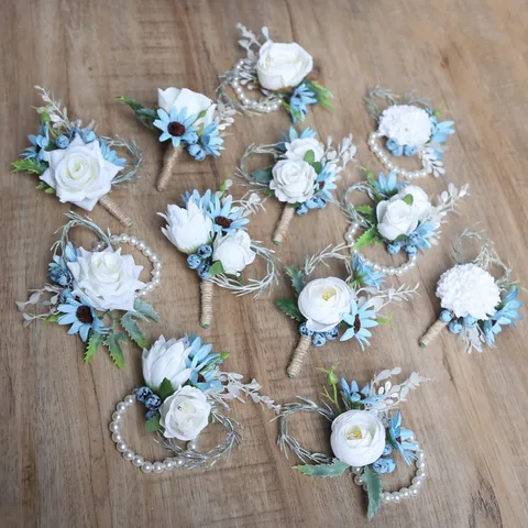 European Forest Style Artificial Rose Silk Flower Corsage Wrist Flower Wedding Groom Boutonniere Bridesmaid Pearl Bracelet