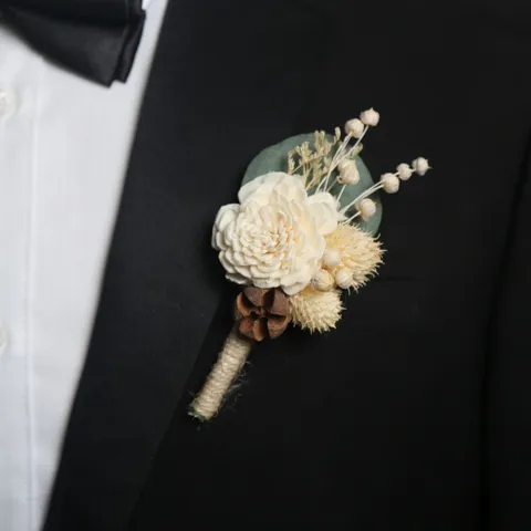 Boutonnière et Corsage de Poignet en Fleurs Séchées Fait Main Fausse Fleur en Soie Mariage Fête Marié Invité Décor