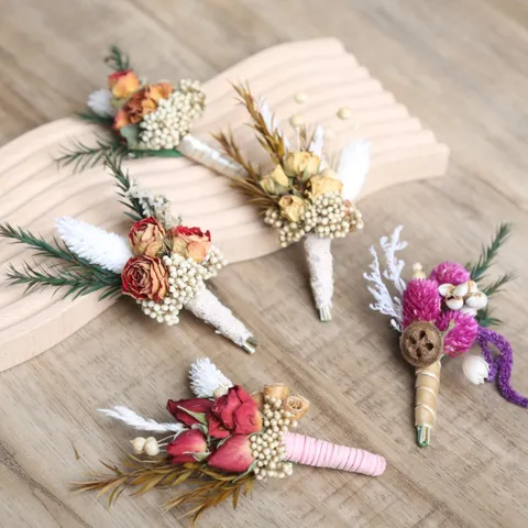 Handgemaakte Natuurlijke Gedroogde Bloem Corsage Met Broche Speld Bruiloft Feest Bruidegom Pak Bloemen Accessoires
