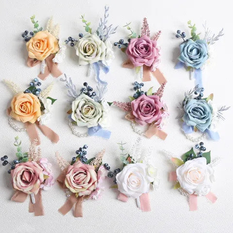 Rétro Européen Fleur De Poignet En Rose Artificielle Boutonnière Mariage Demoiselle D'Honneur Corsage Marié Broche