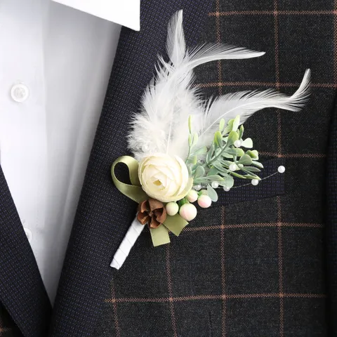 Europäische Hochzeit Korsage Boutonniere Handgelenk Blume Künstliche Seide Rose Feder Blatt Party Abschlussball Anzug Dekor