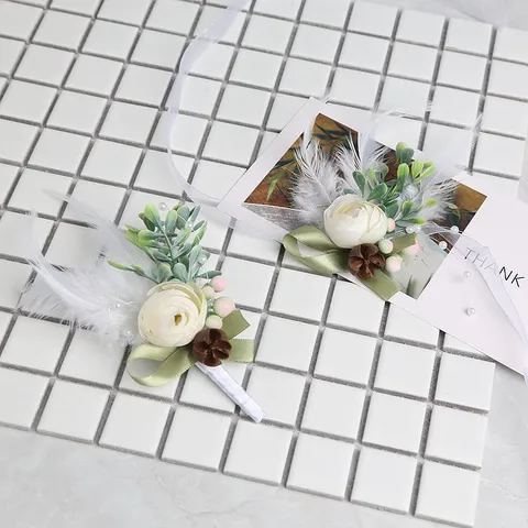 Europäische Hochzeit Korsage Boutonniere Handgelenk Blume Künstliche Seide Rose Feder Blatt Party Abschlussball Anzug Dekor