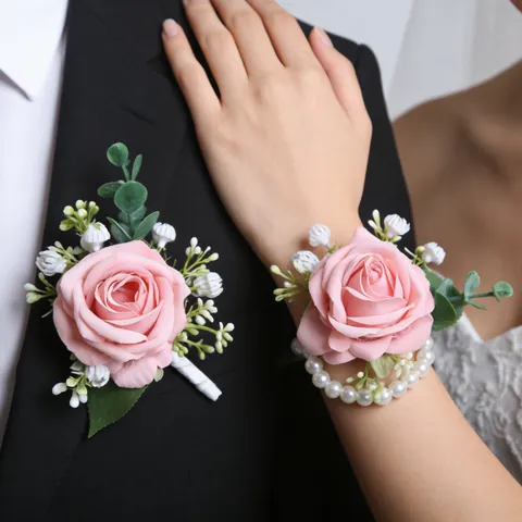 Kunstmatige Roos Ansteckblume En Polscorsage Set Koreaanse Bruiloft Bruidegom Bruid Bloem Parel Polsband Bruiloft Feest Decoratie