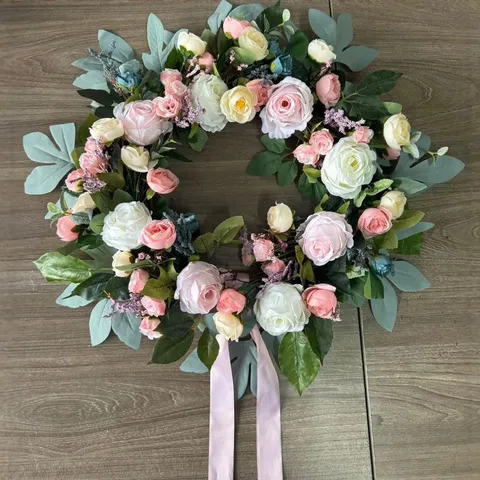 Spring Artificial Flower Wreath Silk Peony Rose Eucalyptus Garland For Front Door Wall Hanging Home Decor