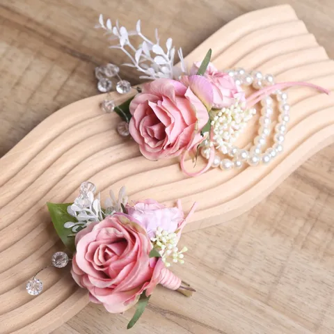 Handgemaakt Stof Roos Boutonniere Pols Corsage Parel Kralen Huwelijksfeest Pak Jurk Hoed Decoratieve Bloem Accessoire