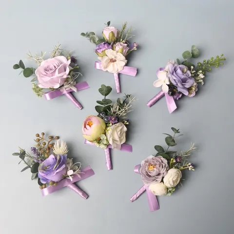 Paarse Kunstmatige Roos Bloem Boutonnière Polscorsage Bruiloft Bruidegom Getuige Pak Broche Speld Feest Bal Decoratie