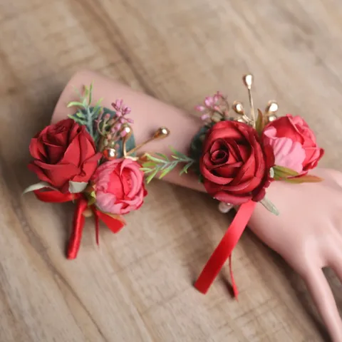 Weinrot Hochzeit Ansteckblume Seidenrose Boutonniere Handgelenk Blume Set Für Bräutigam Brautjungfer Party Zubehör