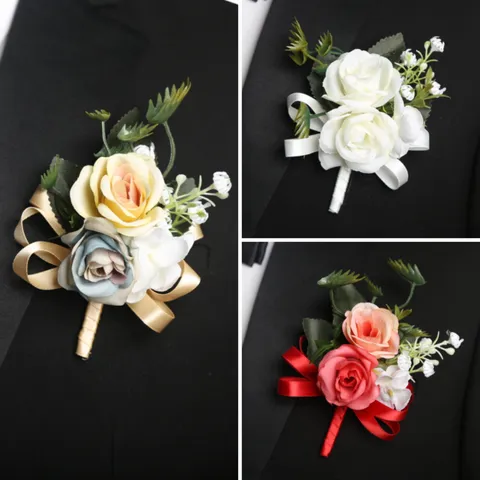 Artificial Rose Wrist Flower And Boutonniere Set Wedding Bridesmaid Wrist Corsage Groom Boutonniere Party Decor