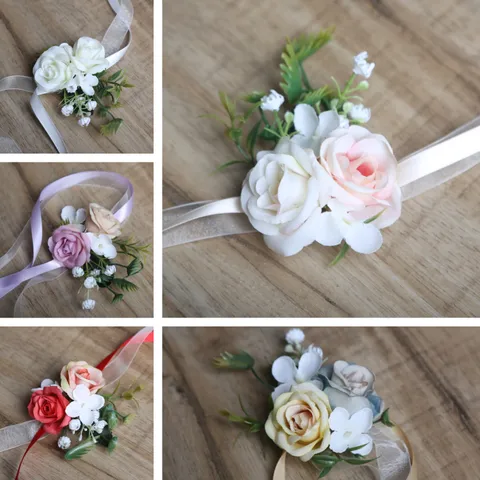 Artificial Rose Wrist Flower And Boutonniere Set Wedding Bridesmaid Wrist Corsage Groom Boutonniere Party Decor