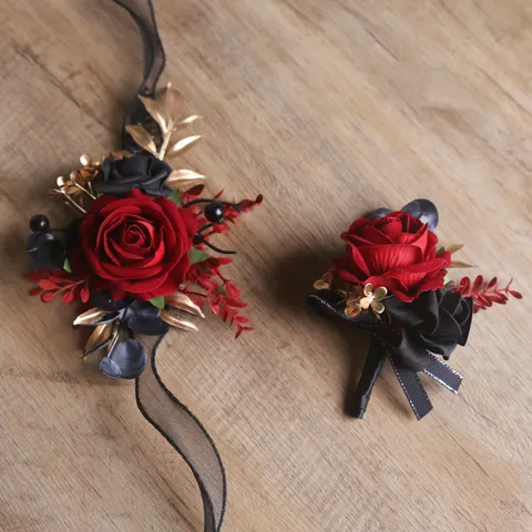 Vintage Rot Schwarz Gold Künstliche Rose Ansteckblume Handgelenk Korsage Set Hochzeit Bräutigam Braut Formeller Anzug Zubehör