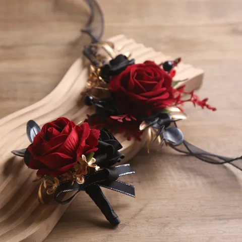 Vintage Rot Schwarz Gold Künstliche Rose Ansteckblume Handgelenk Korsage Set Hochzeit Bräutigam Braut Formeller Anzug Zubehör