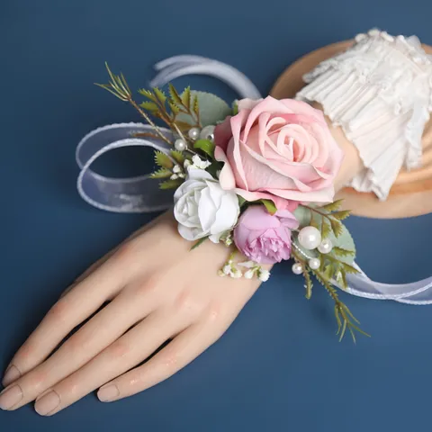 Western Wedding Artificial Rose Corsage Wrist Flower Silk Flower Pink Boutonniere Party Event Celebration Decor