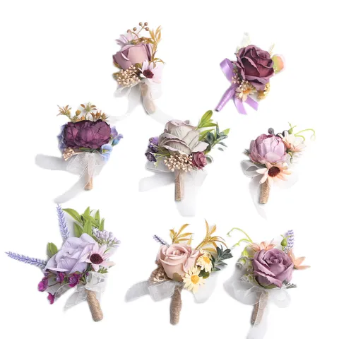 Botonier de Boda Púrpura Ramillete Flor de Seda Artificial Traje de Novio Insignia de Solapa Flor de Muñeca Fiesta Celebración
