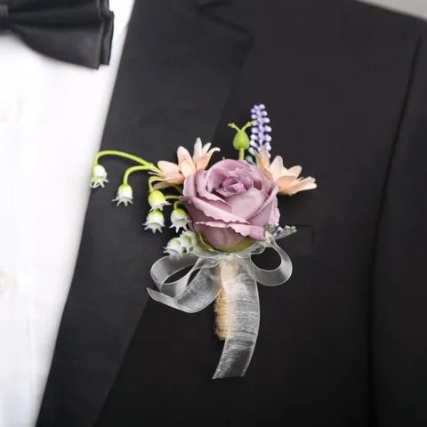 Botonier de Boda Púrpura Ramillete Flor de Seda Artificial Traje de Novio Insignia de Solapa Flor de Muñeca Fiesta Celebración