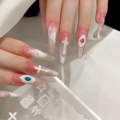 Ins Style Vintage French Relief White Lace Cross Nail Art Stickers Bowknot DIY Manicure Decals