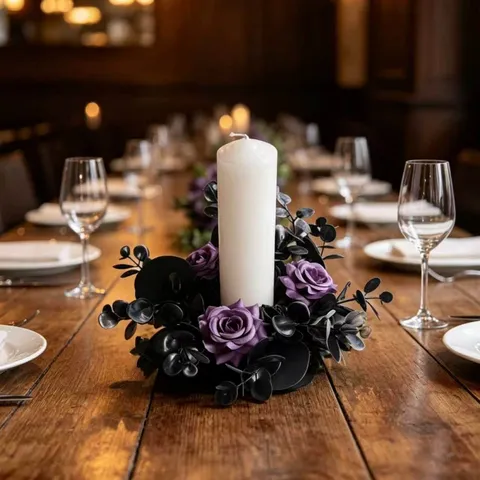 Dark Purple Rose Candle Ring Artificial Eucalyptus Leaves Table Centerpiece Gothic Floral Decor For Wedding Home