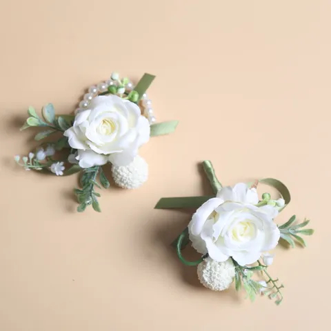 Corsage De Rose Blanche Artificielle Fait Main Et Fleur De Poignet Verdure Style Forêt Mariage Marié Mariée Boutonnière Fournitures De Fête