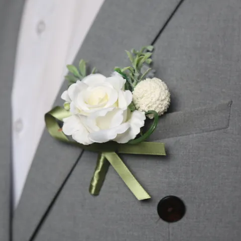 Corsage De Rose Blanche Artificielle Fait Main Et Fleur De Poignet Verdure Style Forêt Mariage Marié Mariée Boutonnière Fournitures De Fête
