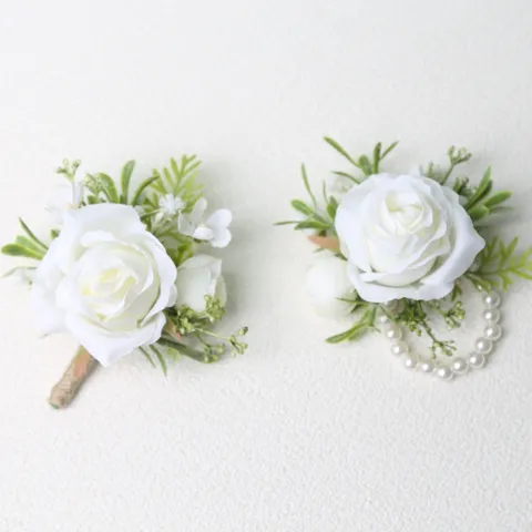 Matrimonio Europeo Rosa Bianca Fiore di Seta Artificiale Bottoniera E Corsage da Polso Set Per Sposo Damigella d'Onore Festa