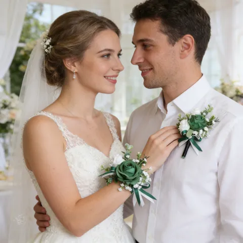Ensemble Corsage et Corsage de Poignet de Rose Blanc Vert Fleur Artificielle Accessoires de Mariage Fête Décoration Florale