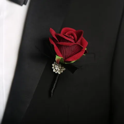 Wine Red Rose Groom Corsage And Bride Wrist Flower Wedding Party Artificial Flower Ribbon Rhinestone Decoration