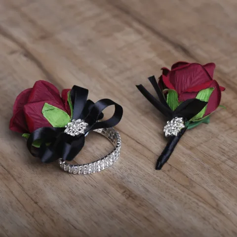 Wine Red Rose Groom Corsage And Bride Wrist Flower Wedding Party Artificial Flower Ribbon Rhinestone Decoration