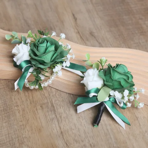 Ensemble Corsage et Corsage de Poignet de Rose Blanc Vert Fleur Artificielle Accessoires de Mariage Fête Décoration Florale