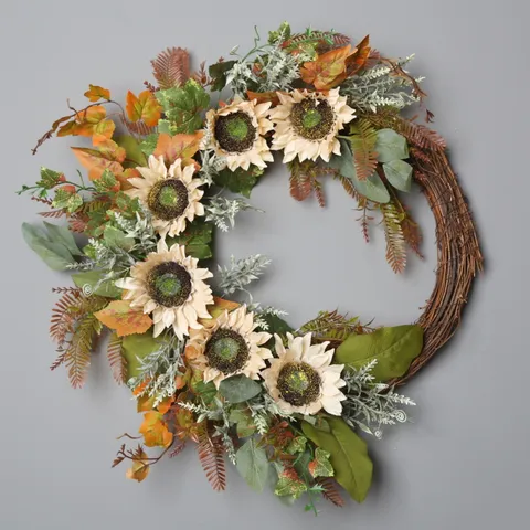 Kunstmatige Zonnebloem Slinger Krans met Houten Welkomstbord Nep Bloemen Rattan Ring voor Voordeur Wanddecoratie