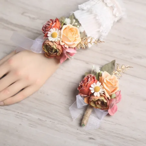 Oranje Bos Stijl Kunstmatige Zijde Roos Ansteckblume En Polscorsage Set Bruiloft Bruidegom Bruidsmeisje Feest Hand Bloem
