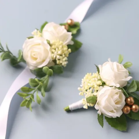 Europese Stijl Kunstmatige Witte Roos Bruiloft Corsage En Pols Corsage Handgemaakte Stof Bloem Boutonniere Feest
