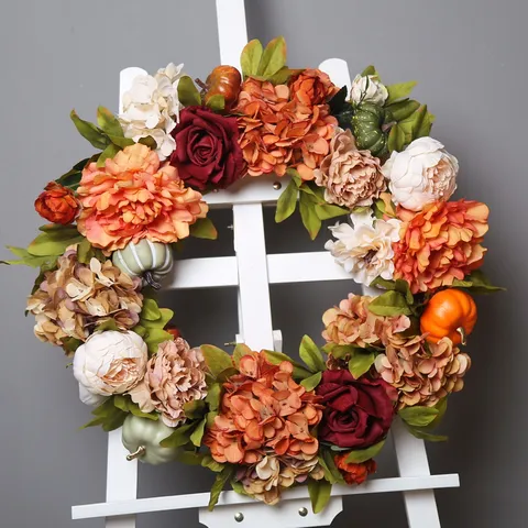 European Fall Harvest Pumpkin Wreath Artificial Maple Leaf Hydrangea Pine Cone Door Hanging Autumn Home Decor Garland