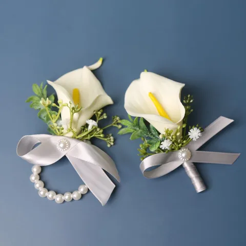 European Artificial Calla Lily Corsage And Wrist Flower Silk Flower Wedding Party Bride Groom Suit Decor Floral Accessories