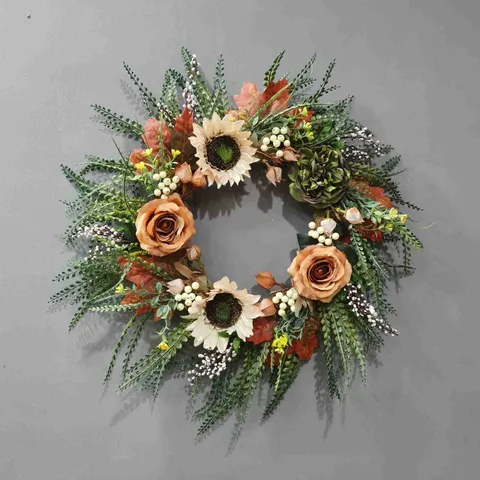 Fall Artificial Flower Wreath Autumn Rose Sunflower Peony Garland Front Door Wall Hanging Thanksgiving Home Decor