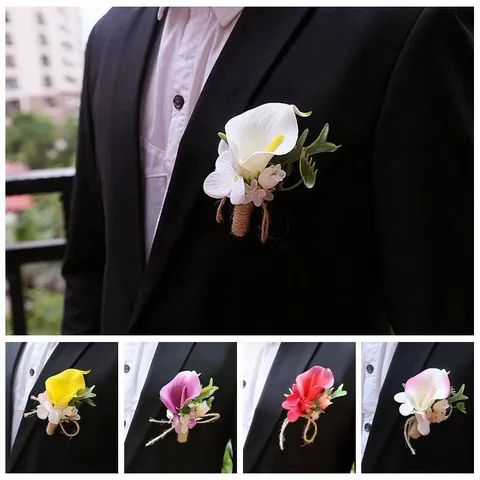 European Artificial Calla Lily Boutonniere Wedding Groom Groomsman Corsage Fake Flower Suit Lapel Pin Party