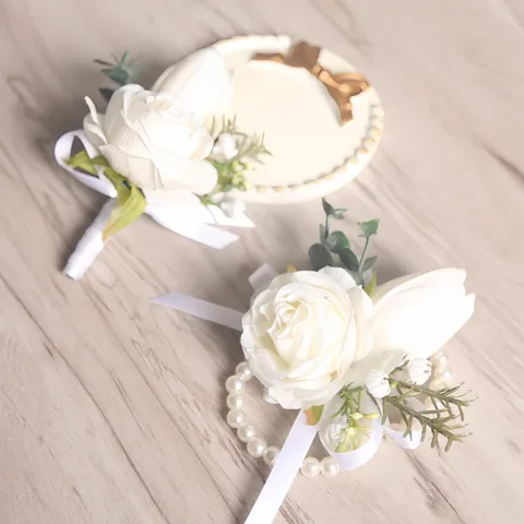 Fleur de Poignet en Soie Faite Main Rose Blanche Tulipe Corsage de Mariage Mariée Demoiselle d'Honneur Accessoire Floral