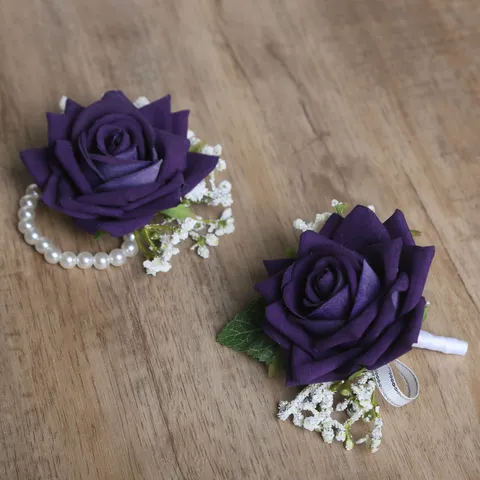Fleur Artificielle Violette Rose Corsage de Mariage Fleur de Poignet Soie Boutonnière Florale Décoration de Fête
